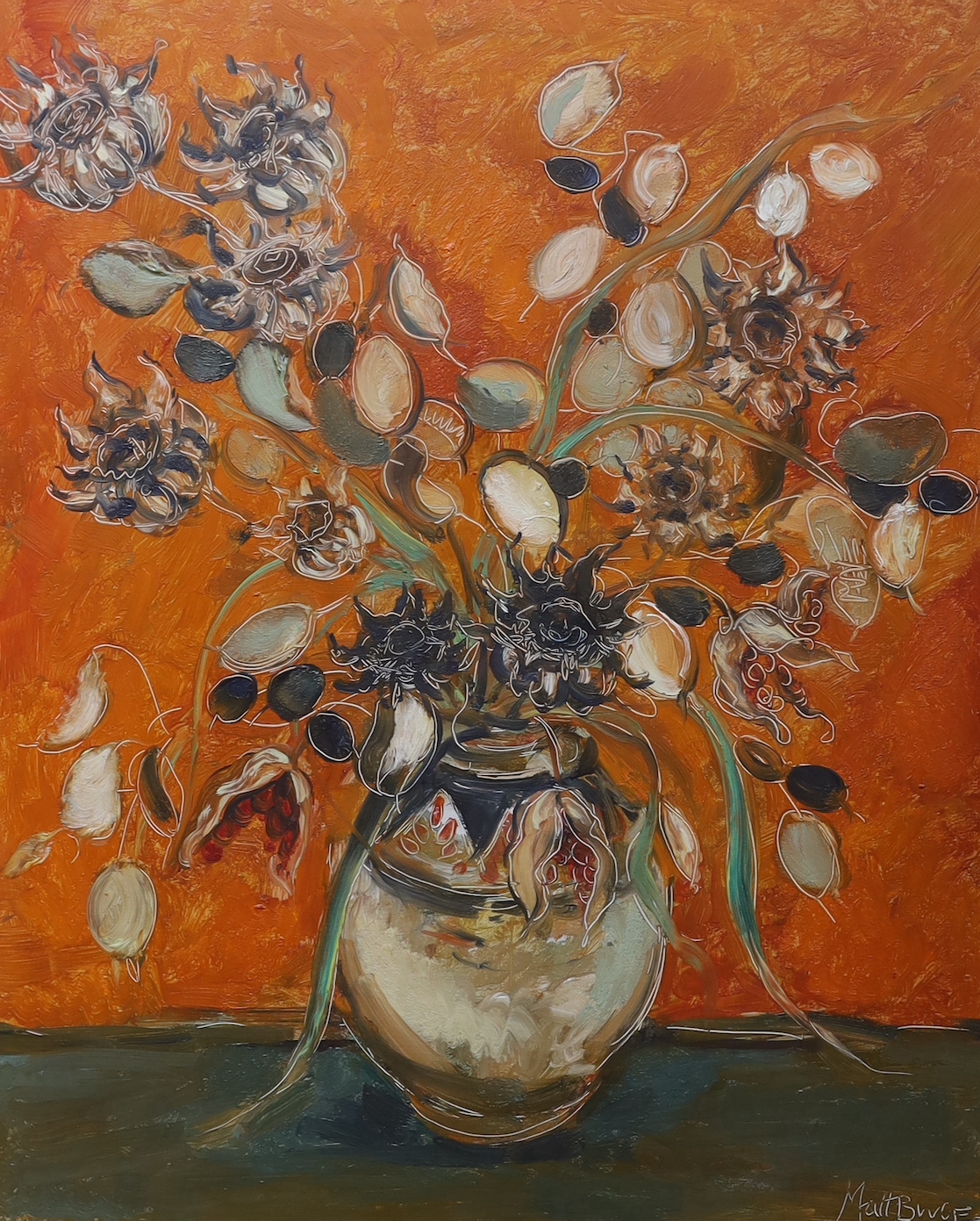 Matt Bruce (1915-2000), oil on board, Still life of flowers in a vase, signed, 60 x 50cm